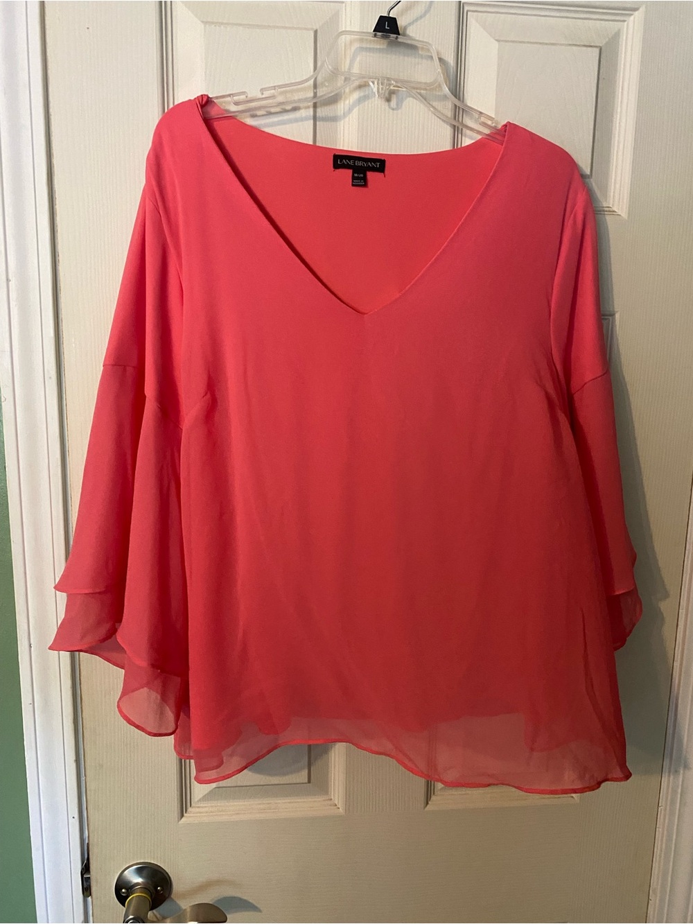 Lane Bryant Coral Pink V-Neck Layered sheer Chiffon over knit Blouse sz 18 / 20